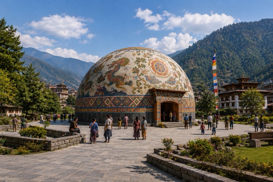 The painted dome on a stone plaza with mountains behind