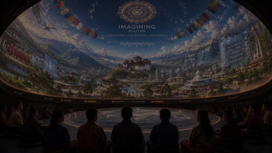 An audience seated inside the dome looking up at a projected Bhutan